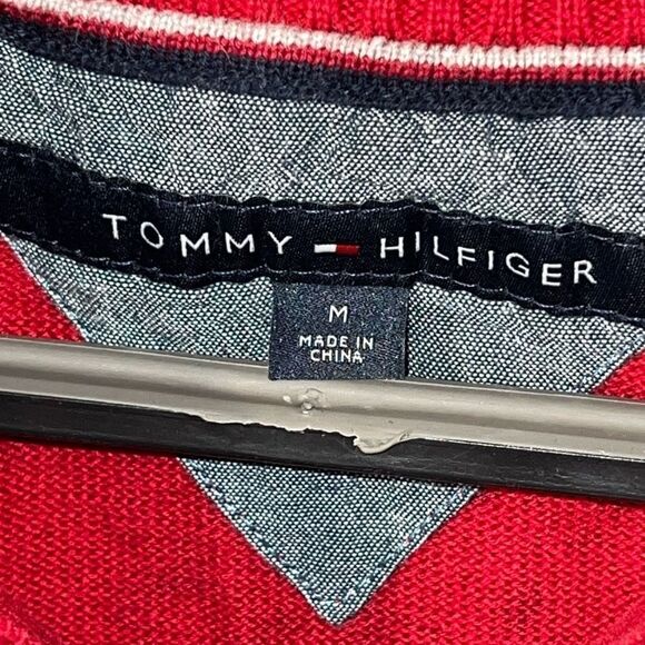 Vintage Tommy Hilfiger Sweater Mens Medium Red And Blue Striped 1/4 Zip Pullover - Picture 11 of 12